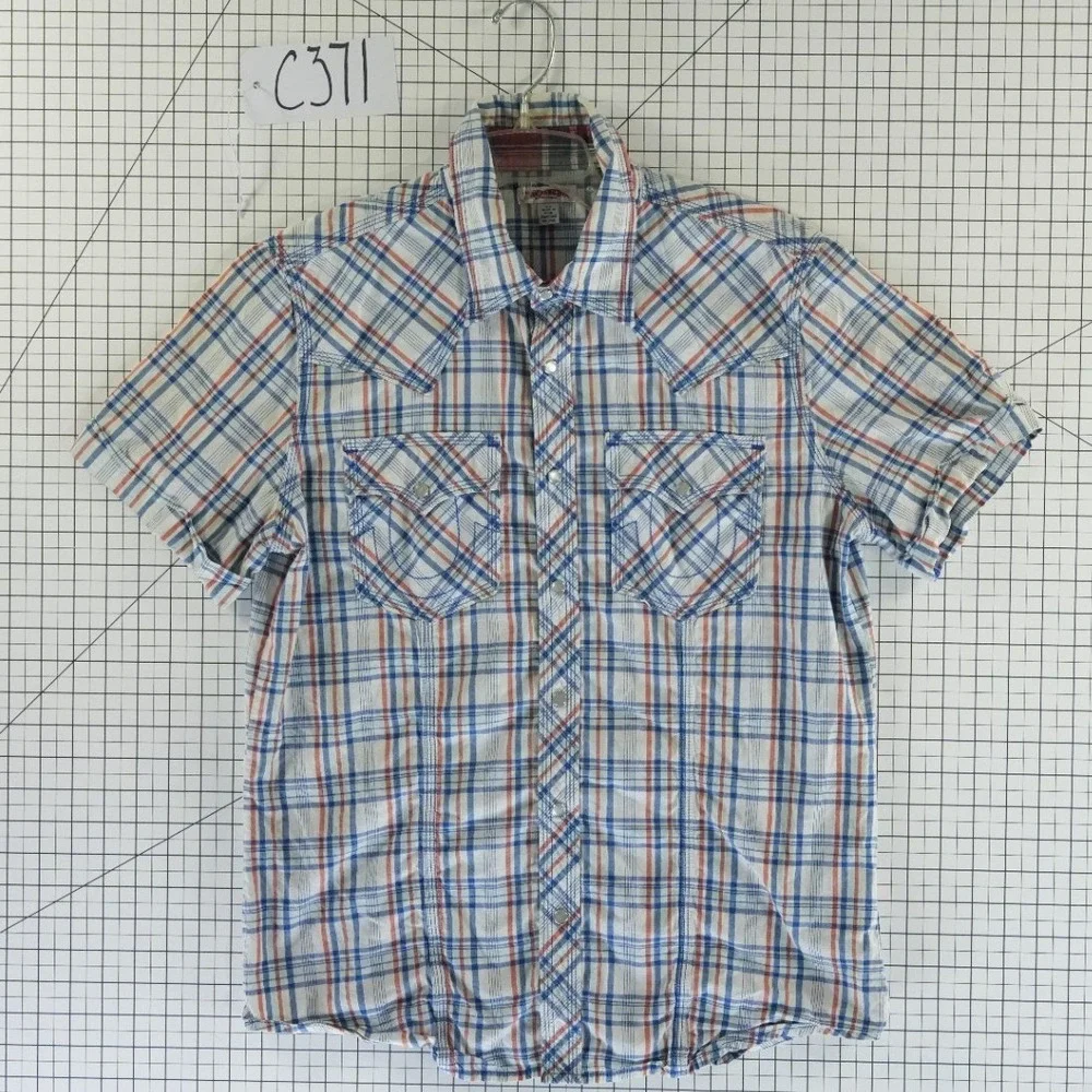 True Religion Shirt Men's Size Large Blue Plaid Pearl Snap Western Short Sleeves
